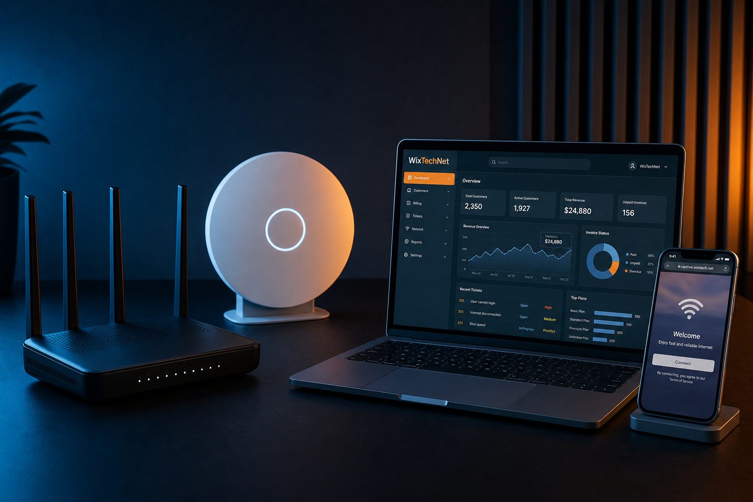 WixTechNet board with a MikroTik-class router, ceiling access point, and the ISP dashboard